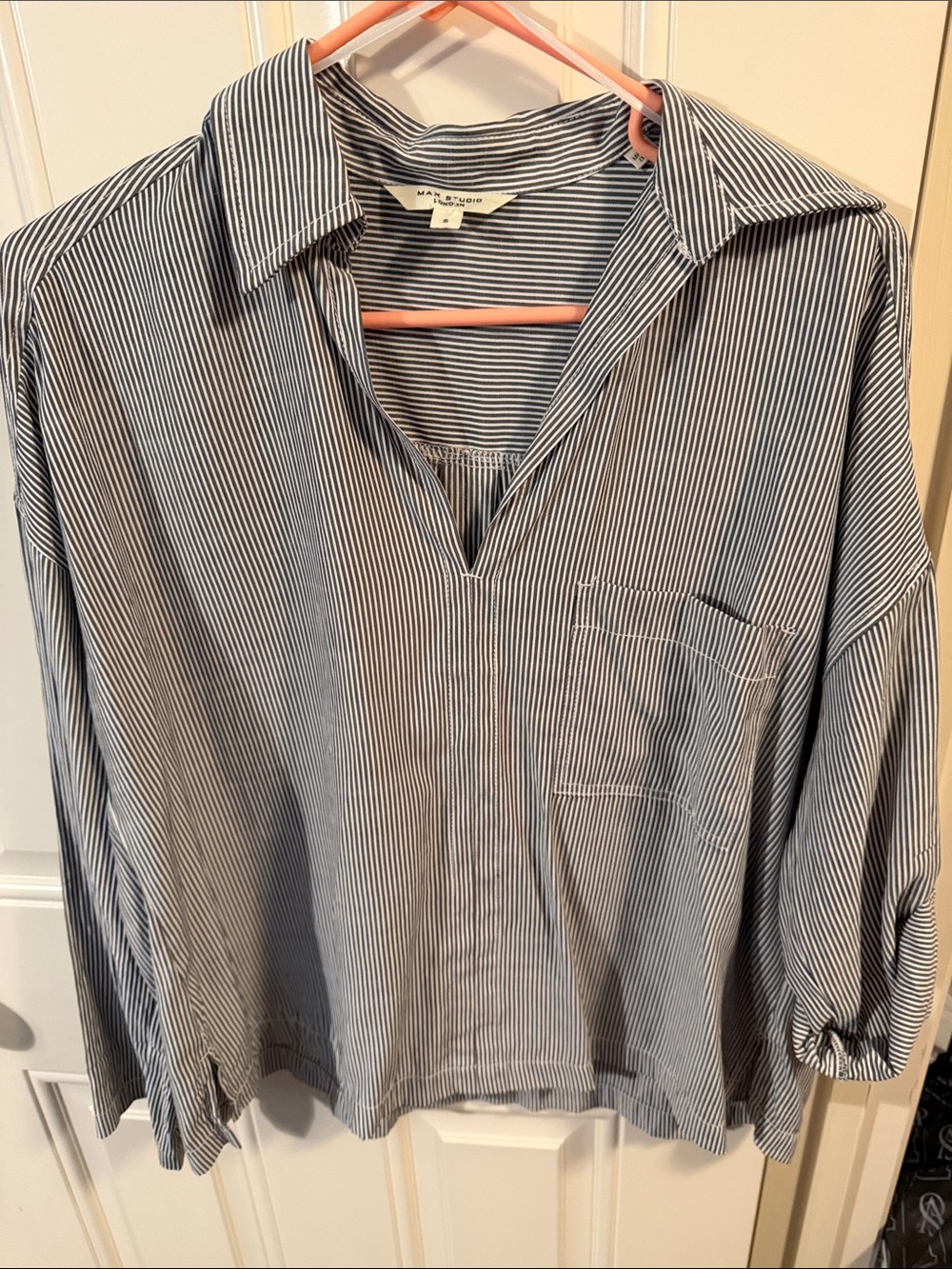 Max Studio Navy and White Striped Relaxed V-Neck Blouse